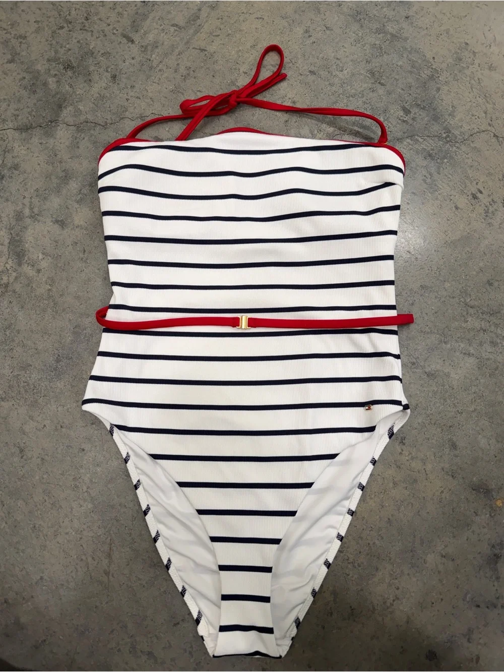 Tommy Hilfiger White and Navy Striped One-Piece Swimsuit with Red Trim/ Belt